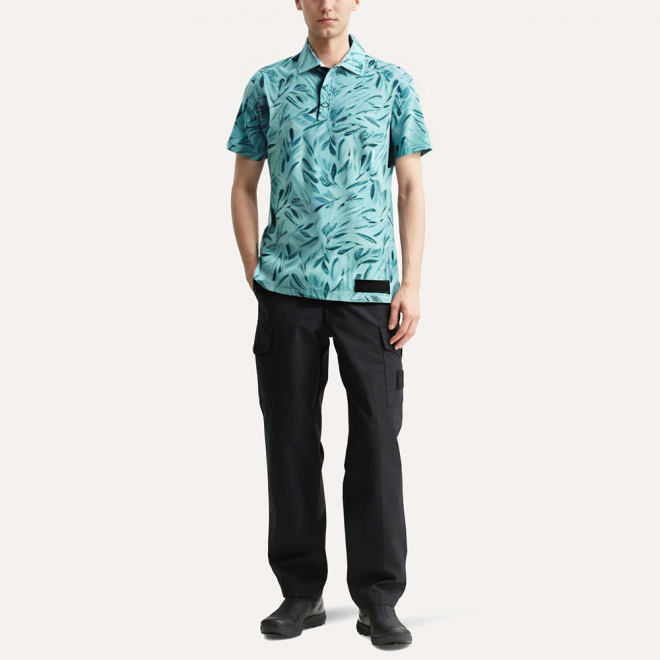 Leaf printed elastic men's polo shirt