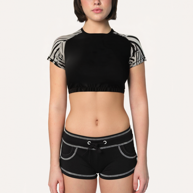Black midriff-baring women's sports short sleeves