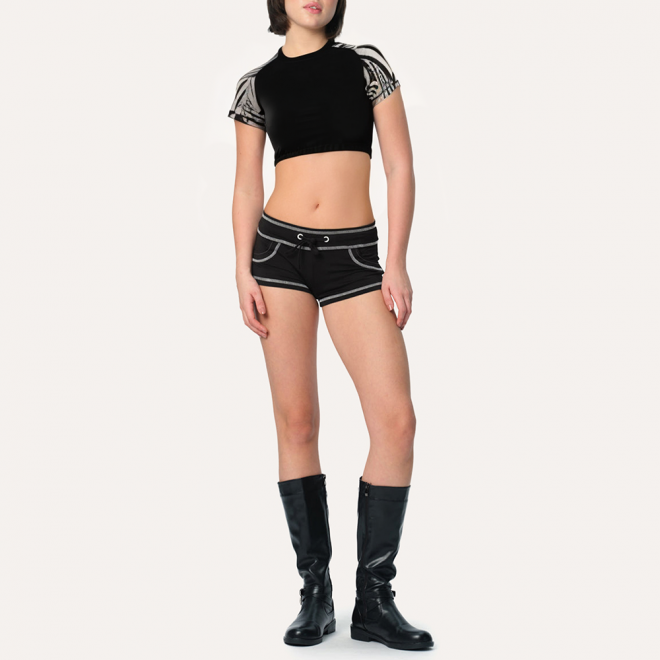 Black midriff-baring women's sports short sleeves