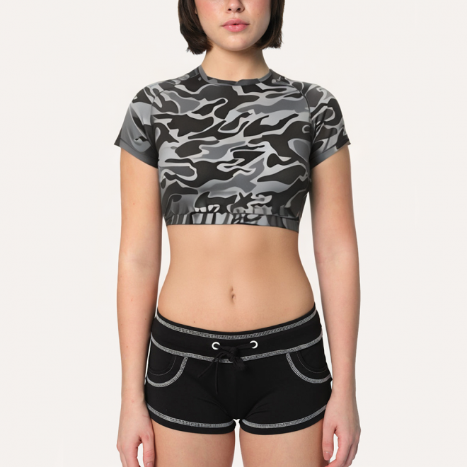Grey quick-drying navel-baring women's sports short-sleeves